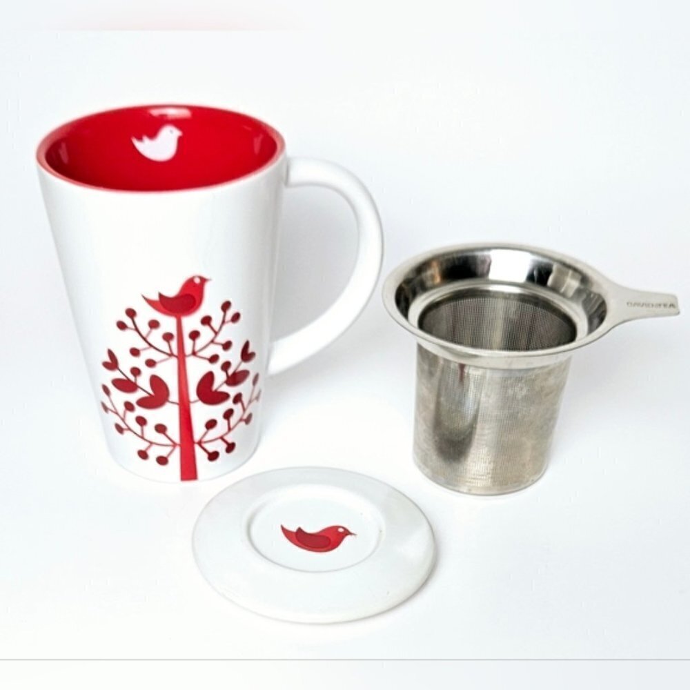 Davids Tea The Perfect Tea Mug Red Bird In Tree White Coaster Lid & Infuser